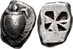 Greek ISLANDS off ATTICA, Aegina. Circa 525-480 BC. AR Drachm – Hemistater (13mm, 6.12 g). Sea turtle, head in profile, with thin collar and [row of dots down its back] / Incuse square with mill-sail 