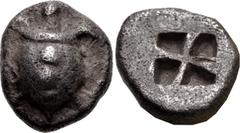 Greek ISLANDS off ATTICA, Aegina. Circa 525-480 BC. AR Obol (7mm, 0.90 g). Sea turtle, head in profile, with thin collar and [row of dots down its back] / Incuse square with mill-sail-like pattern. Me