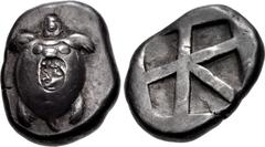 Greek ISLANDS off ATTICA, Aegina. Circa 480-457 BC. AR Stater (18mm, 12.29 g, 10h). Sea turtle, head in profile, with trefoil collar and 'T-back' design on shell / Large square incuse with skew patter