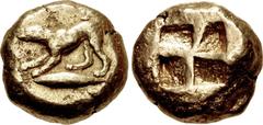 Greek MYSIA, Kyzikos. Circa 550-450 BC. EL Stater (19mm, 16.08 g). Hound at bay, on tunny, left / Quadripartite incuse square. FSD SHM 1200 = Hermitage (Exhibition) 112 = Hermitage Sale II 1157 corr. 