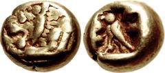 Greek LYDIA, Uncertain. 6th century BC. EL Hemihekte – Twelfth Stater (7.5mm, 1.18 g). Forepart of lion left / Bird (eagle or owl?) standing left within incuse square. Spier p. 332, 11 (A7/P4) = Trait