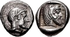 Greek DYNASTS of LYCIA. Kherei. Circa 410-390 BC. AR Stater (18mm, 8.61 g, 12h). Telmessos mint. Head of Athena right, wearing crested Attic helmet decorated with spiral palmette and three olive leave