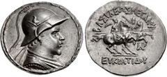 Oriental Greek BAKTRIA, Greco-Baktrian Kingdom. Eukratides I Megas. Circa 170-145 BC. AR Tetradrachm (33mm, 16.96 g, 12h). Diademed, draped, and cuirassed bust right, wearing crested helmet adorned wi