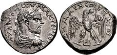 Roman Provincial MESOPOTAMIA, Edessa. Macrinus. AD 217-218. AR Tetradrachm (25mm, 11.22 g, 12h). Laureate, draped, and cuirassed bust right / Eagle standing facing, head and tail right, with wings spr