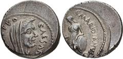 Roman Republican The Caesarians. Julius Caesar. February-March 44 BC. AR Denarius (16.5mm, 3.92 g, 9h). Lifetime issue. Rome mint; C. Cossutius Maridianus, moneyer. Wreathed and veiled head right / Ve