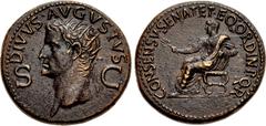 Roman Imperial Divus Augustus. Died AD 14. Æ Dupondius (29mm, 15.60 g, 6h). Rome mint. Struck under Gaius (Caligula), AD 37-41. Radiate head of Divus Augustus left / Augustus seated left on curule cha