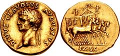 Roman Imperial Divus Claudius. Died AD 54. AV Aureus (19mm, 7.63 g, 6h). Lugdunum (Lyon) mint. Struck under Nero, AD 54-55. DIVVS CLAVDIVS AVGVSTVS, laureate head left / EX • S • C • in exergue, slow 