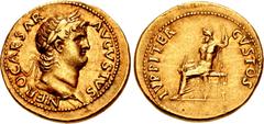 Roman Imperial Nero. AD 54-68. AV Aureus (20mm, 7.32 g, 7h). Rome mint. Struck circa AD 64-65. NERO CAESAR AVGVSTVS, laureate head right / IVPPITER CVSTOS, Jupiter, bare to waist, with cloak around lo