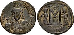 Byzantine Constantine IV Pogonatus, with Heraclius and Tiberius. 668-685. Æ Follis (34.5mm, 17.71 g, 6h). Constantinople mint, 3rd officina. Struck 668-673. Cuirassed bust facing, wearing helmet with 