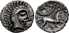 British CELTIC, Iceni. Uninscribed. Circa AD 10-40. AR Unit (13mm, 1.22 g, 10h). Norfolk God (Icenian O) type. Celticized head right with mustache; [two trefoils before] / Celticized horse right; whee