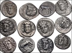 Greek THESSALY. Lot of twelve (12) AR Obols of Larissa. All coins: Head of the nymph Larissa facing slightly left, with hair in ampyx / Horse grazing right. Toned, some porosity and/or roughness. Near