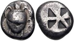 Greek ISLANDS off ATTICA, Aegina. Circa 525-480 BC. AR Stater (16mm, 11.82 g). Sea turtle, head in profile, with thick collar [and row of dots down its back] / Incuse square of 'Union Jack' pattern wi