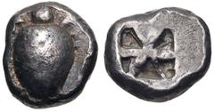 Greek ISLANDS off ATTICA, Aegina. Circa 525-480 BC. AR Obol (7mm, 0.91 g). Sea turtle, head in profile, [row of dots down its back] / Incuse square of Union Jack pattern with one segment filled. Meado