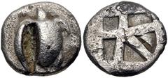 Greek ISLANDS off ATTICA, Aegina. Circa 480-457 BC. AR Hemidrachm (13mm, 2.49 g, 2h). Sea turtle, head in profile, ['T-back' design on shell] / Large square incuse with skew pattern. Meadows, Aegina, 