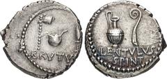 Selections from the Andrew McCabe Collection The Republicans. Brutus. Early 42 BC. AR Denarius (18.5mm, 3.87 g, 12h). Military mint, probably at Smyrna; P. Cornelius Lentulus Spinther, legatus. Emblem