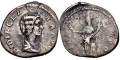 Roman Imperial Didia Clara. Augusta, AD 193. AR Denarius (18mm, 2.71 g, 12h). Rome mint. Struck under Didius Julianus. Draped bust right / Hilaritas standing left, holding long palm frond and cornucop