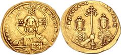 Byzantine Basil II Bulgaroktonos, with Constantine VIII. 976-1025. AV Histamenon Nomisma (23mm, 4.0 g, 6h). Constantinople mint. Struck 1001-1005. Bust of Christ Pantokrator facing; rosette of seven p