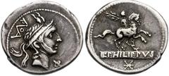 L. Philippus. 113-112 BC. AR Denarius (20mm, 3.88 g). Head of Philip V of Macedon right, wearing diademed royal Macedonian helmet with goat horns; monogram of ROMA behind; Φ below chin / Statue of equ