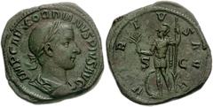 Gordian III. AD 238-244. Æ Sestertius (30mm, 26.60 g). Laureate, draped and cuirassed bust right, seen from behind / Virtus standing left, holding branch and reversed spear. RIC IV 281a; Cohen 387. Go