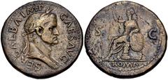 Roman Imperial Galba. AD 68-69. Æ Sestertius (35mm, 25.75 g, 6h). Rome mint, 4th officina. Struck circa June-August AD 68. Laureate and draped bust right / Roma seated left on cuirass, holding spear a