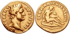 Domitian. AD 81-96. AV Aureus (19mm, 6.51 g). Rome mintStruck AD 88-89. Laureate head right / Germania seated right on shield, mourning; broken spear below. RIC II 127; Calicó 838. VF, probably ex je