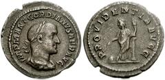 Gordian II. AD 238. AR Denarius (20mm, 2.63 g). Rome mint. Laureate, draped, and cuirassed bust right / Providentia standing facing, head left, leaning against a column, holding cornucopiae and wand; 