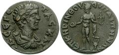 LYDIA, Hypaepa. Geta. As Caesar, AD 198-209. Æ 20mm (4.87 g). Cerinthus, magistrate. Laureate, draped and cuirassed bust right, seen from behind / Apollo (?) standing left, holding phiale and statue o