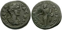 LYDIA, Hypaepa. Geta. As Caesar, AD 198-209. Æ 21mm (7.72 g). Cerinthus, magistrate. Laureate, draped and cuirassed bust right, seen from behind / Tyche standing left, holding rudder and two grain ear
