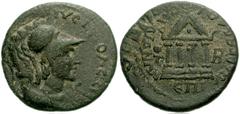 LYDIA, Sardes. Autonomous Issue. Time of Nero, AD 54-68. Æ 18mm (3.17 g). Helmeted bust of the Senate right / Tetrastyle temple. SNG von Aulock 3137; SNG Copenhagen -. VF, dark green, almost black, pa