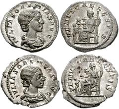 Julia Soaemias, mother of Elagabalus. Augusta, AD 218-222. AR Denarius (20mm, 2.58 g). Rome mint. Draped bust right / Venus seated left holding apple and sceptre, child standing right before. RIC IV 2