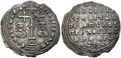 Basil II Bulgaroktonos. 976-1025. AR Miliaresion (26mm, 2.71 g). Constantinople mint. Cross crosslet on globus above steps, flanked by busts of John and Constantine / +bSIL’ C CONSTAN ΠORFVROG ΠISTOI 