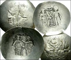 BYZANTINE. Late. Lot of four Electrum Trachae. John II. EL Aspron Trachy. Christ seated facing / John and St George standing, facing, between them, patriarchal cross on three steps. SB 1942 (3 coins) 