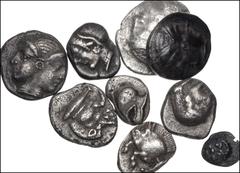 Large Lots GREEK. Asia Minor. Lot of nine (9) AE denominations. All coins: Smaller denominations. Lot includes: Diobol of Kebren // Hemidrachm of Tenedos // Hemiobol of Methymna (2) // Obol of Kyzikos