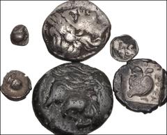 Large Lots GREEK. Miscellaneous. Lot of six (6) AR and Æ denominations. Includes: Æ of Megara in Megaris // AR Hemidrachm of Kios in Bithynia // AR Diobol of Pergamon in Mysia // // AR Tetartemorion o