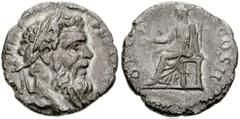 Pertinax. AD 193. AR Denarius (15mm, 1.72 g). Rome mint. Laureate head right / Ops seated left, holding two stalks of grain, resting hand on seat of throne. RIC IV 8a; RSC 33. VF, porous, a little rag