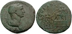 Trajan. AD 98-117. Æ Sestertius (34mm, 27.33 g). Rome mint. Struck circa AD 116-117. Laureate and draped bust right / Trajan, in military outfit, seated left on camp bench set on daïs, extending hand 