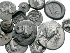 GREEK. Lot of thirteen AR. Celtic Gaul, Aedui. Kaletedou type. AR Quinarius // Lucania, Poseidonia. AR Nomos // Lucania, Velia. AR Nomos // Thrace, Apollonia. AR Diobol // Thrace, Byzantion. AR Half S