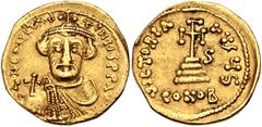Byzantine Constans II. 641-668. AV Solidus (19.5mm, 4.26 g, 6h). Constantinople mint, 6th officina. Dated IY 6 (647/8). Crowned and draped bust facing, holding globus cruciger / Cross potent set on th