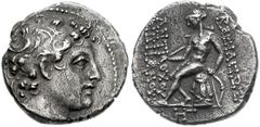 SELEUKID KINGS of SYRIA. Antiochos IV Epiphanes. 175-164 BC. AR Drachm (16mm, 3.79 g). Antioch mint. Posthumous issue, struck 146/5 BC. Diademed head right / Nude Apollo seated left on omphalos, holdi