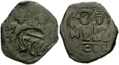 Heraclius, with Heraclius Constantine. 610-641. Æ 40 Nummi (26mm, 7.84 g, 1h). Sicily mint. Struck AD 631. Countermark: facing busts of Heraclius with short beard and Heraclius Constantine, beardless,