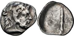 Greek LAKONIA, Lakedaimon (Sparta). Areus I. 309-265 BC. AR Obol (12mm, 0.72 g, 1h). Struck circa 265 BC. Head of Herakles right, wearing lion's skin / Club; five-rayed stars flanking. Grunauer Group 
