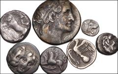 Large Lots GREEK. Miscellaneous. Lot of seven (7) silver issues. Includes: CAMPANIA, Neapolis. AR Nomos // MOESIA, Istros. AR Drachm // SIKYONIA, Sikyon. AR Hemidrachm (2) // MYSIA, Parion. AR Hemidra