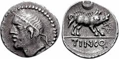 CELTIC, Britain. Atrebates & Regni. Tincomarus (Tincommius). Circa 30-10 BC. AR Unit (1.19 g, 9h). Uncertain mint. Diademed head left / Boar standing right; crescent above, pentagram to right. Bean TI