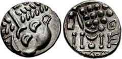 CELTIC, Britain. Durotriges. Uninscribed. Circa 65 BC-AD 45. Pale AV Stater (5.72 g, 5h). Durotrigan E, Abstract type. Devolved head of Apollo right / Disjointed horse left; pellets above, pellet belo