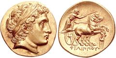 KINGS of MACEDON. Philip II. 359-336 BC. AV Stater (8.54 g, 12h). Kolophon mint. Struck under Philip III, circa 323-319 BC. Laureate head of Apollo right, with the features of Alexander III / chariote