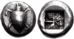 ISLANDS off ATTICA, Aegina. Circa 550-530/25 BC. AR Stater (12.30 g). Proto sea turtle, shell with large pellets down center and no collar / “Union Jack” incuse pattern with eight segments in deep squ