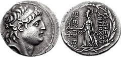 KINGS of CAPPADOCIA. Ariarathes VII Philometor. Circa 112/0-100 BC. AR Tetradrachm (16.27 g, 11h). Struck in the name of Antiochos VII of Syria. Ariaratheia or Eusebia-Tyana mint(?). Struck circa 104-