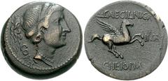 CORINTHIA, Corinth. Pseudo-autonomous issue. 34-31 BC. Æ As (7.89 g, 12h). Q. Caecilius Niger and C. Heius Pam, duoviri. Filleted head of Aphrodite right / Pegasus rearing right. Amandry VIb (D1/R15);