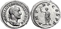 Gordian I. AD 238. AR Denarius ( 3.35 g, 7h). Rome mint. Laureate, draped, and cuirassed bust right / Gordian standing left, holding branch aloft, hand on parazonium. RIC IV 1; RSC 2. EF, Well centere