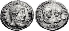 Constantine I, with Crispus and Constantine II Caesars. AD 307/310-337. AR Miliarense (4.08 g, 12h). Sirmium mint. Struck AD 320. Bare head of Constantine I right / Confronted heads of Crispus and Con